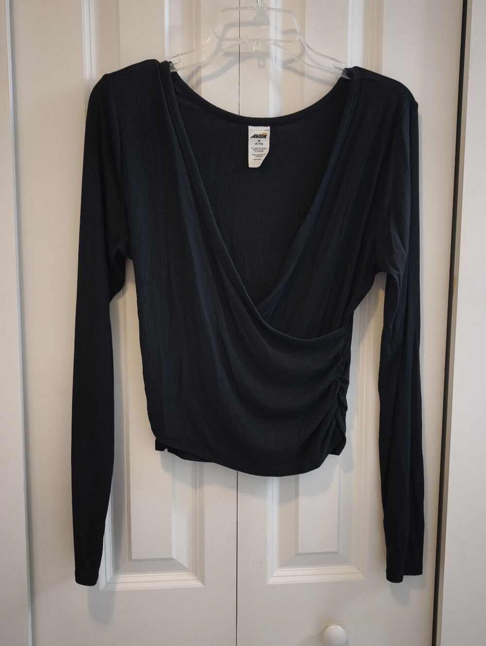 Avia Women’s M Black Modal Ribbed Wrap Front Long Sleeve Top